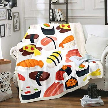 Imagem de Cobertor de lã de ovelha com estampa de sushi, estampa de sushi, cobertor de lã estilo japonês para sofá, sofá-cama, fofo japonês, bola de arroz, cobertor felpudo ultra macio, decoração de quarto de