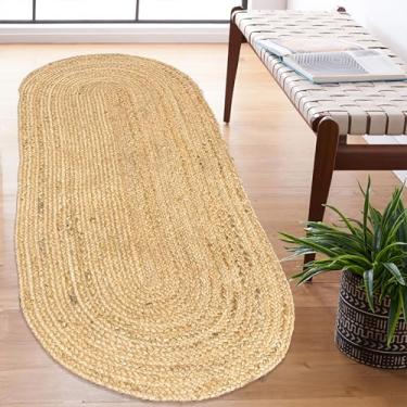 Imagem de Chardin home Tapete trançado de juta natural tecido à mão – 2x5 Runner Oval| Estilo rústico Boho Farmhouse | Tapete de fibra natural sólida para corredor, entrada, cozinha, quarto, sala de jantar