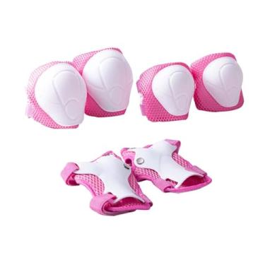 Imagem de UGPLM Joelheiras e cotoveleiras Joelheiras confortáveis ​​Conjunto de equipamentos de proteção para crianças Protetores de pulso para crianças Snowboard, Rosa