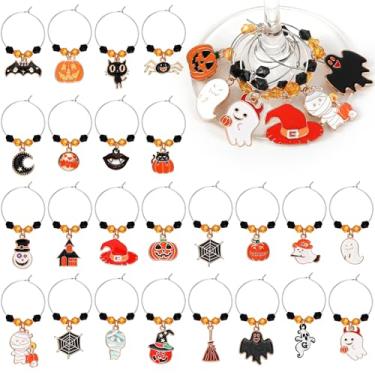 Imagem de 24 peças pingentes de taça de vinho de Halloween esmaltado pingente abóbora chapéu de bruxa vassoura múmia castelo de vidro marcadores identificador de bebida para vidro de haste de Halloween suprimentos de festa de aniversário