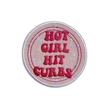 Imagem de OKOMCM Hot Girls Hit Curbs Pink Cirle 7.6 cm Iron On Bordado Patches, Remendos Femininos Fofos DIY Costurados, Remendos bordados engraçados para roupas, mochilas, chapéus, jeans, presente moderno para