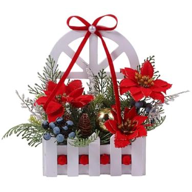 Imagem de Decorações de Natal, centro de mesa de Natal com plantas artificiais e poinsétia em cerca de madeira branca, decorações de mesa de Natal com pinhas e mirtilos para festas de inverno (arco)