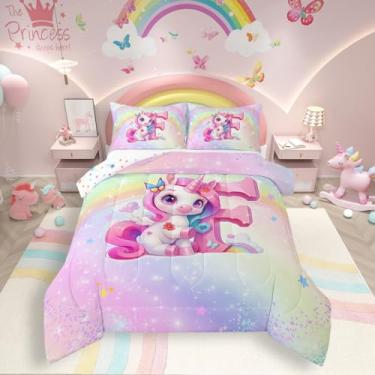 Imagem de Jogo de cama casal de unicórnio arco-íris, unicórnio roxo, para meninas, monograma, F, para decoração de quarto de todas as estações, adorável colcha de cama com glitter gradiente, rosa
