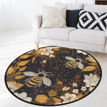 Imagem de OMFUNS Animal Bee Tapete redondo para quarto de 1,8 m, tapete circular floral margarida, antiderrapante, lavável, para sala de estar, quarto de crianças, berçário, entrada, lavanderia