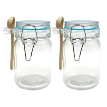 Imagem de Kit 2 Pote Hermético De Vidro Com Trava e Colher de Bambu Redondo 280m
