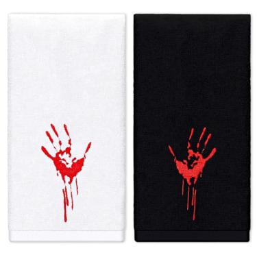 Imagem de JarThenaAMCS Toalhas de mão de Dia das Bruxas Toalha de banho de algodão bordada com impressão de mão sangrenta branca e preta toalha de banho absorvente para secagem das mãos limpeza cozinhar, 75 x