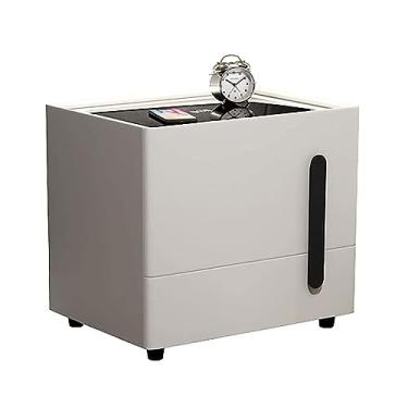 Imagem de Mesa de cabeceira com 2 gavetas de alto brilho com desbloqueio de impressão digital, mesa de cabeceira inteligente para quarto com carregamento sem fio