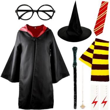 Imagem de 17 Pcs Kids Wizard Costume Set Halloween Magic Robe Wizarding World Cloak with Wand Scarf Hat for Boys Girls Cosplay Party (M(135-145cm))