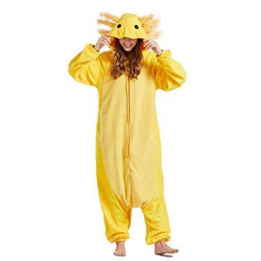 Imagem de DELEY Macacão adulto unissex de Axolotl, pijama de uma peça, fantasias de cosplay de Halloween, macacão para casa, macacão de animal, Dourado, Large