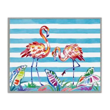 Imagem de Stupell Industries Pincelada flamingos em listras cinza emoldurado giclée design de arte por Paul Brent, 61 x 76 cm