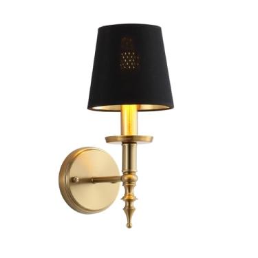 Imagem de BAODEN Arandela de parede moderna industrial meados do século banheiro luminária de parede moldura com acabamento em latão escovado e sombra de linho preto luzes de montagem na parede para sala de