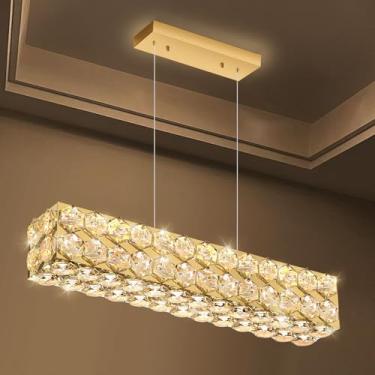Imagem de Lustre de cristal moderno de 61 cm para sala de jantar, luminária de teto para sala de estar, corredor, iluminação LED regulável com controle remoto dourado