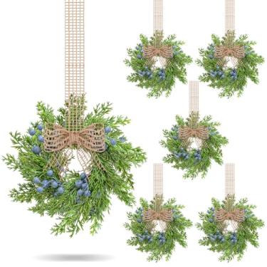 Imagem de VioraWhite 6 grinaldas pequenas vintage para armário de Natal, mini guirlanda de cozinha azul artificial com fita de serapilheira retrô para casa de fazenda, casa rústica, janela, janela, cadeira de