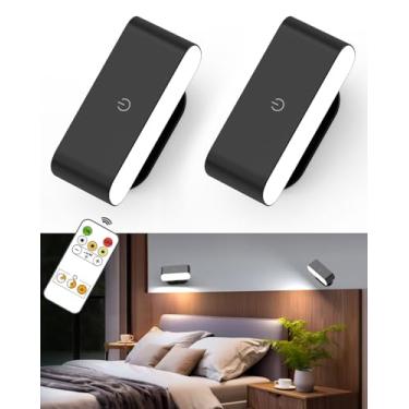Imagem de Conjunto de 2 arandelas de parede operadas por bateria, luzes de parede LED recarregáveis com controle remoto, luzes de parede magnéticas fixas para quarto, 3 modos reguláveis, lâmpadas de parede de