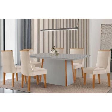 Imagem de Conjunto Sala de Jantar Tilia c/ Tampo Madeirado c/ Vidro Canto Curvo 180x90cm e 6 Cadeiras Dakota Madeira Maciça Naturale/Off White - Capuccino/Suede