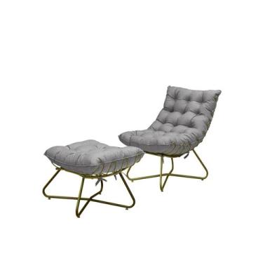 Imagem de Poltrona Costela e Puff Eva Base Metal Dourado - Linho Cinza - METAL M