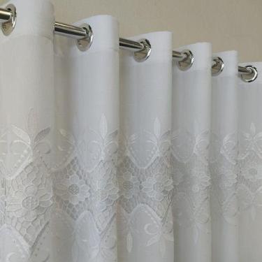 Imagem de Cortina Branca / Ouro / Marrom Voil Gaze De Linho Bordado Guipir Com F