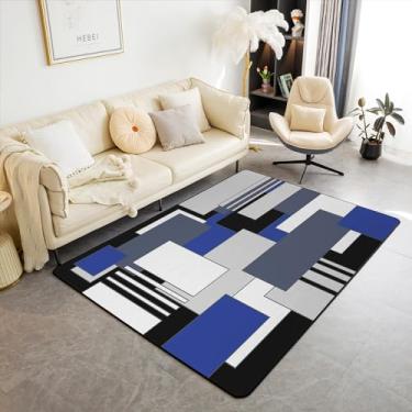 Imagem de Tapete geométrico azul cinza preto 3x5 crianças geometria tapete decorativo para meninos meninas tapetes abstratos modernos para sala de estar quarto antiderrapante quadrado retangular tapete interior decoração de quarto tapete de destaque