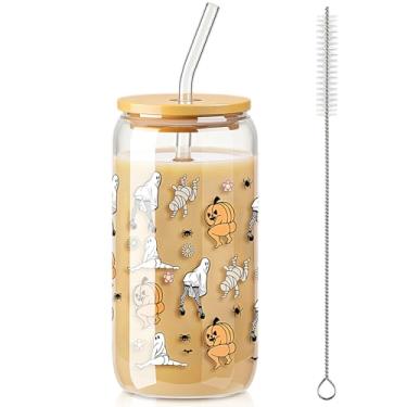 Imagem de Honeydak Copo de vidro de Halloween Ghost Butt de 473 ml, copo de abóbora com tampa e pincel de palha, copo de café gelado, presentes assustadores, boo, cesta, para mulheres e adultos