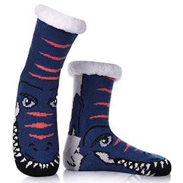 Imagem de DYW Meias masculinas felpudas de animais, antiderrapantes, fofas, quentes, macias, grossas, forradas com lã térmica, Dinossauro azul escuro, tamanho �nico