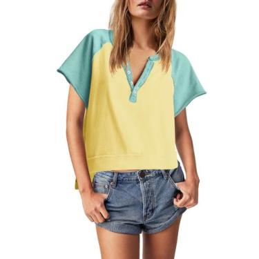 Imagem de Camiseta feminina Panadila Color Block de manga curta amarelo-verde