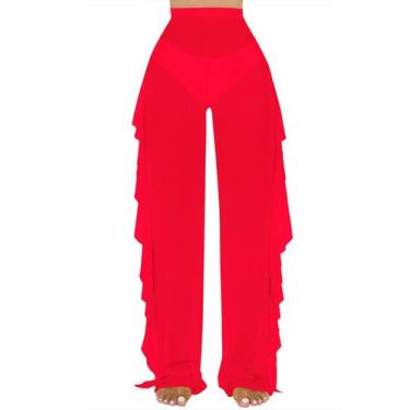 Imagem de Calça de banho com capa de banho Jumppmile Sheer Mesh Ruffle Red S
