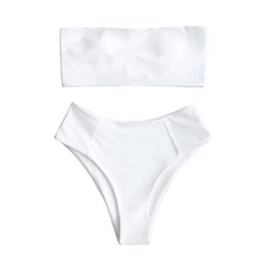 Imagem de Conjunto de biquíni ZAFUL feminino de corte alto sem alças branco