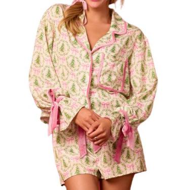 Imagem de Conjunto de pijamas de Natal Muineobuka para mulheres de cetim de 2 pe