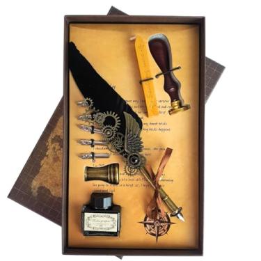 Imagem de Kit Caneta Tinteiro Pena Engrenagem Preto Com Carimbo