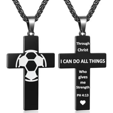Imagem de Colar masculino com cruz de futebol, versículo bíblico, pingente, presente para aniversário, Natal, batismo, religioso, acessórios de futebol, presentes, Small, Aço inoxidável, Sem Pedra Preciosa
