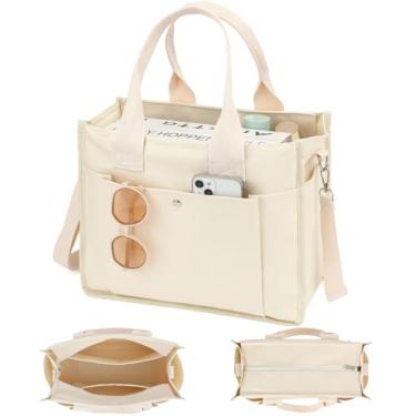Imagem de Fammart Bolsa feminina grande de lona com zíper e compartimentos, bolsa transversal para laptop para trabalho, faculdade e escola, Alça ajustável - bege, Large