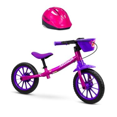 Imagem de Bicicleta de Equilíbrio Infantil, Aro 12, Freio Traseiro, Capacete Incluído, Roxa e Rosa