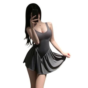 Imagem de SENJIY Vestido de lingerie sexy para mulheres, roupa de renda, sem mangas, cosplay, recortado, roupa íntima, anime, saia curta, babydoll, colado ao corpo, cinza, cinza