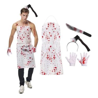Imagem de 5PCS Blood Apron Butcher Costume Prop with Fake Knife, Gloves, Scar Tattoo Stickers Scary Gifts for Halloween Decorations