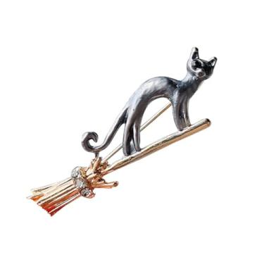 Imagem de Broche de gato de vassoura de strass para mulheres prata dourado esmaltado desenho animado gatinho animal broches alfinetes de lapela terno colar vestido acessórios Halloween festival de Natal joias