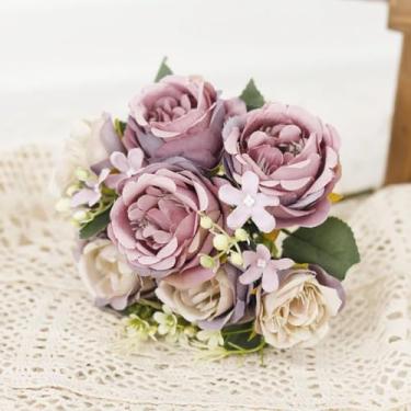 Imagem de Flores artificiais de peônia de seda, buquê de rosas, decoração de casa e natal, arranjos florais falsos para casamento, jardim, guirlanda para festa, acessórios faça você mesmo (roxo)