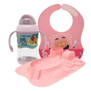 Imagem de Kit Refeição Porquinha Pokey Rosa (Prato, Babador e Copo Anti-vazamento) - Marcus & Marcus