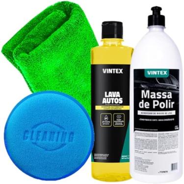 Imagem de Kit Vintex Limpeza Automotiva Lava Autos Shampoo Neutro Massa De Polir Corte Vintex Toalha Microfibra Aplicador Karbox