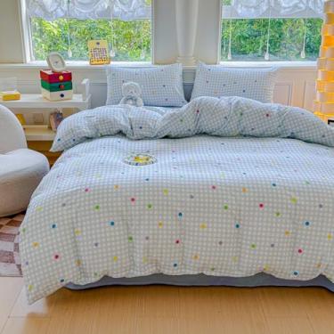 Imagem de BlueBlue Conjunto de capa de edredom infantil, conjunto de cama 100% algodão, estampa de desenho animado, 1 capa de edredom e 2 fronhas (xadrez azul, casal/queen (221 x 233 cm)