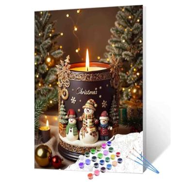 Imagem de Tucocoo Paint by Number Vela de boneco de neve de Natal Pintura DIY em tela com pincéis, tintas acrílicas, temática de Natal, decoração de parede, pintura por números, para adultos iniciantes 40,6 x