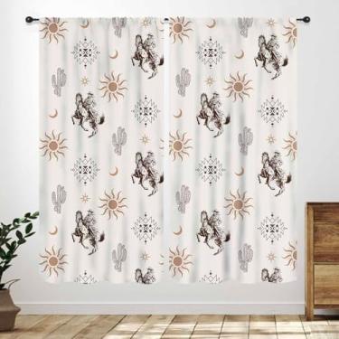 Imagem de Cortina ocidental para quarto, cowboy ocidental montando cavalo cacto deserto rústica casa de fazenda retrô asteca cortinas de janela tratamentos para sala de estar cozinha banheiro 2 painéis, 106 x