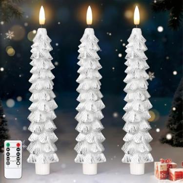 Imagem de Enhon 3 peças de velas cônicas de árvore de Natal sem chamas operadas por bateria com controle remoto e temporizador, velas de LED de cera real, pavio 3D quente, folhas realistas, decoração de jantar