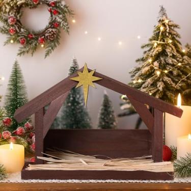 Imagem de Yaomiao Presépio de Natal Estábulo de Manjedoura Decorações de Presépio de Madeira com Estrela de Telhado para Escala Interna Sagrada Família de Madeira Estável Creche Decoração de Mesa para Casa