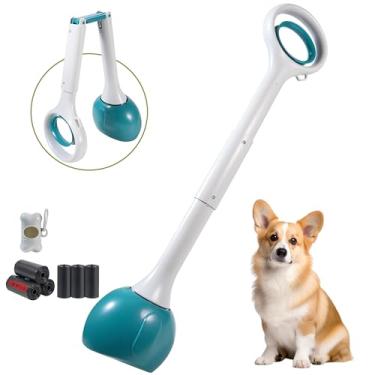 Imagem de NYEONHRT Pá de cachorro portátil com acessório de bolsa, design dobrável com uma mão, inclui 120 sacos de lixo biodegradáveis e dispensador, alça de 71 cm para limpeza de cascalho de jardim de grama