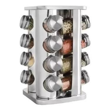 Imagem de Porta Temperos Giratório em Inox, 16 Potes com Tampa, Base Rotativa, Organizador de Condimentos