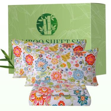 Imagem de Bedlifes California King Jogo de cama floral de 4 peças – lençóis refrescantes mistura raiom derivado de bambu, macio e respirável, bolso profundo 40,6 cm, resistente a vincos – Design floral floral