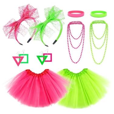 Imagem de Conjunto de acessórios de fantasia de néon dos anos 80, 10 peças, saias tutu néon, faixa de cabeça dos anos 1980, brincos para mulheres, colar, pulseira de silicone, roupa de néon, festa dos anos 80