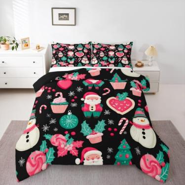 Imagem de Feelyou Jogo de cama solteiro com estampa de Natal, rosa, Papai Noel, para crianças, meninos, meninas, presente de ano novo, edredom com boneco de neve, microfibra, 2 peças com 1 fronha