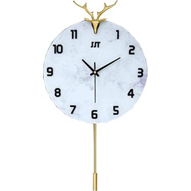 Imagem de Relógio de parede arte simples relógio grande de metal redondo com pêndulo de parede, relógio de parede silencioso de cabeça de veado dourado clássico para sala de estar quarto branco silencioso