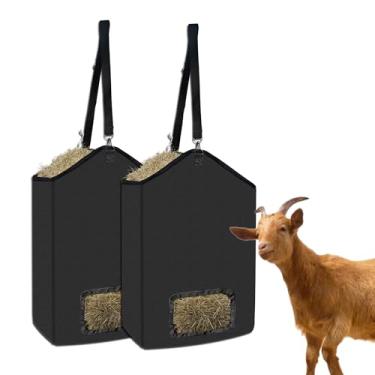 Imagem de runfider Pacote com 2 sacos para alimentadores de feno, 40 x 44 x 15 cm, rede de feno de alimentação lenta para cavalos, cabras, vacas, alpacas, tecido Oxford durável com anéis de metal e alça, reduz